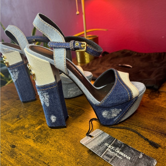 Dolce & Gabbana Blue Patchwork Denim Platform Heeled Sandals - Picture 8 of 10
